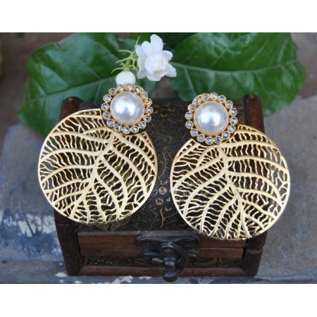 Pearl Stud Gold Leafed Dangler Earrings 